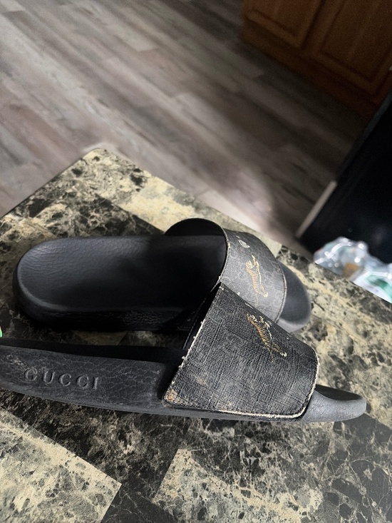 Gucci Black Slides with Gold Logo & Tiger main image 4